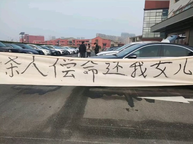 影片開場白，是一條白布做成的橫幅，上面寫著「殺人償命，還我女兒」這8個黑色的大字。