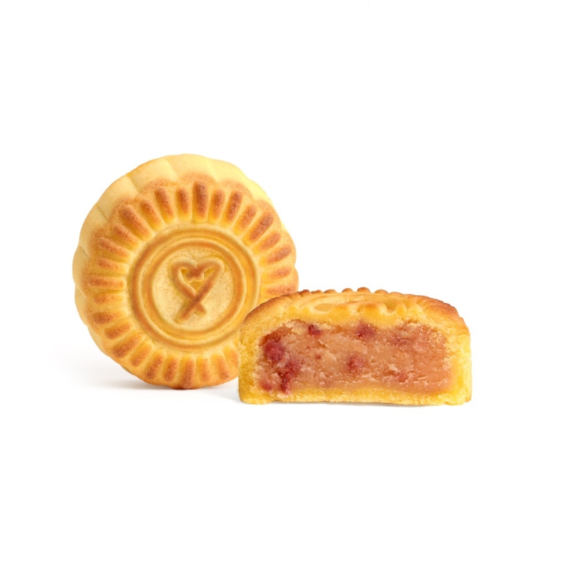 草莓乳酪月餅的乳酪餡料軟滑夾雜草莓干 草莓乳酪月餅的乳酪餡料軟滑夾雜草莓干