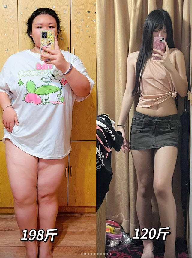 后來成功半年內減掉70多斤（約43kg），不但減走大肚腩。 （圖片來源：喵辣@小紅書）