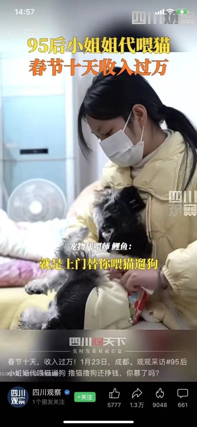 內地寵物經濟的興起，寵物上門喂食師等副業也隨即興起，有人在小紅書上表示10日收入過萬。