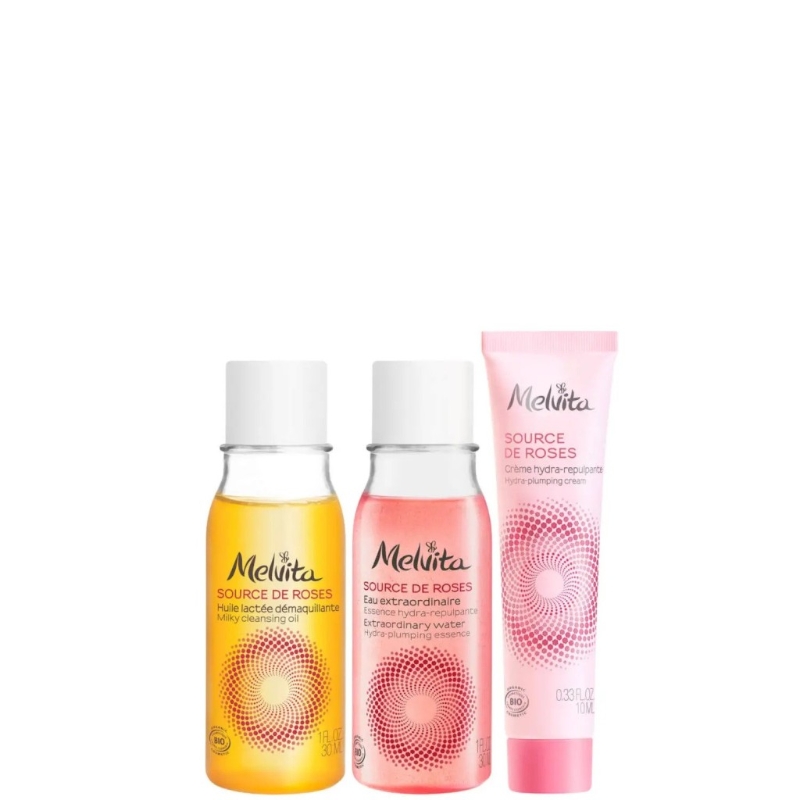 野玫瑰保濕旅行套裝、原價$213、現售$180、ME，包括有機野玫瑰保濕凈膚油、濕微精華水 及復活保濕面霜。