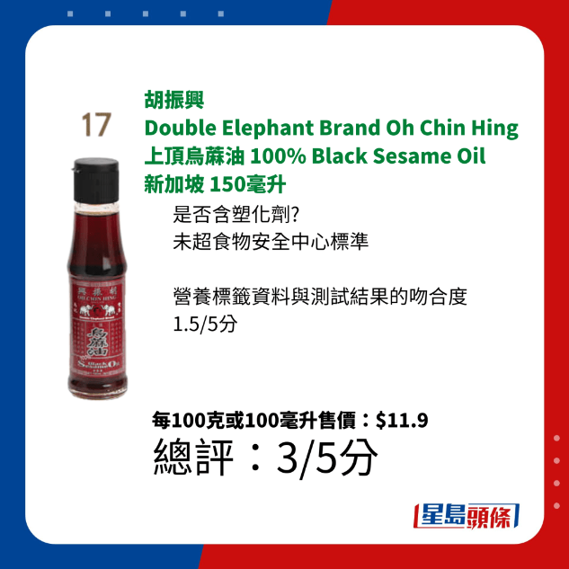 胡振興 Double Elephant Brand Oh Chin Hing 上頂烏蔴油 100% Black Sesame Oil 新加坡 150毫升 胡振興 Double Elephant Brand Oh Chin Hing 上頂烏蔴油 100% Black Sesame Oil 新加坡 150毫升