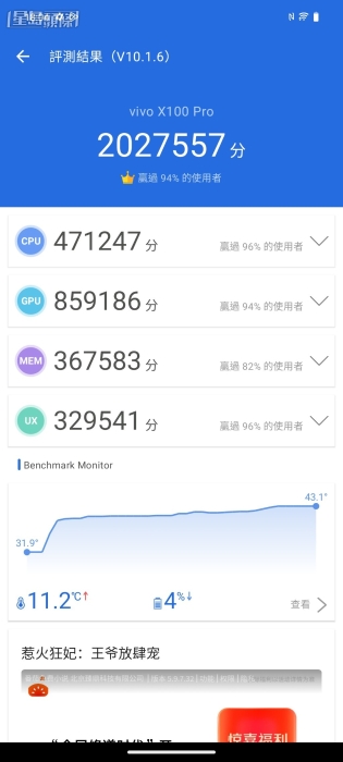 X100 Pro在《安兔兔v10》跑出2,027,557分成績。