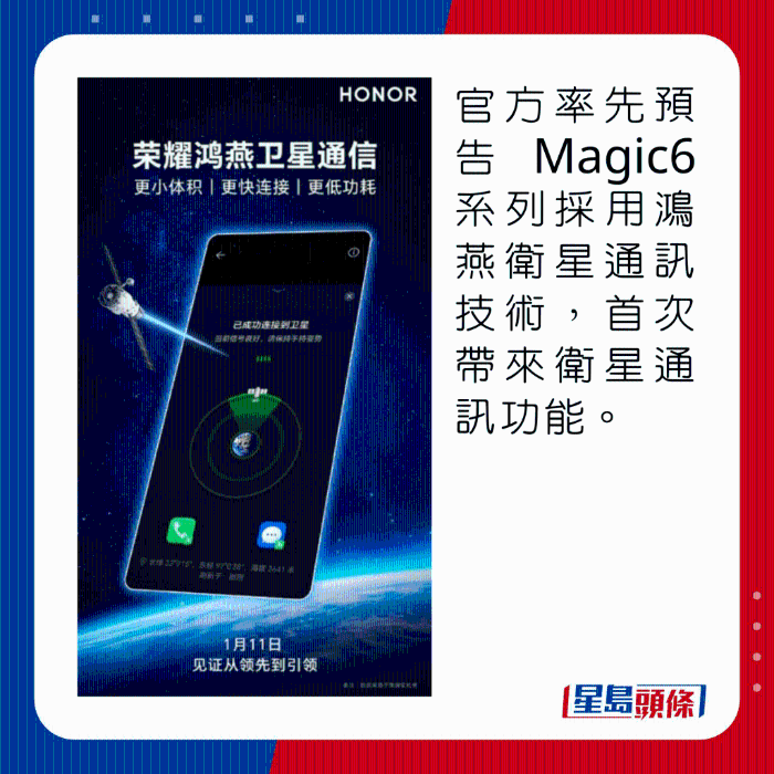 官方率先預告Magic6系列採用鴻燕衛星通訊技術，首次帶來衛星通訊功能。
