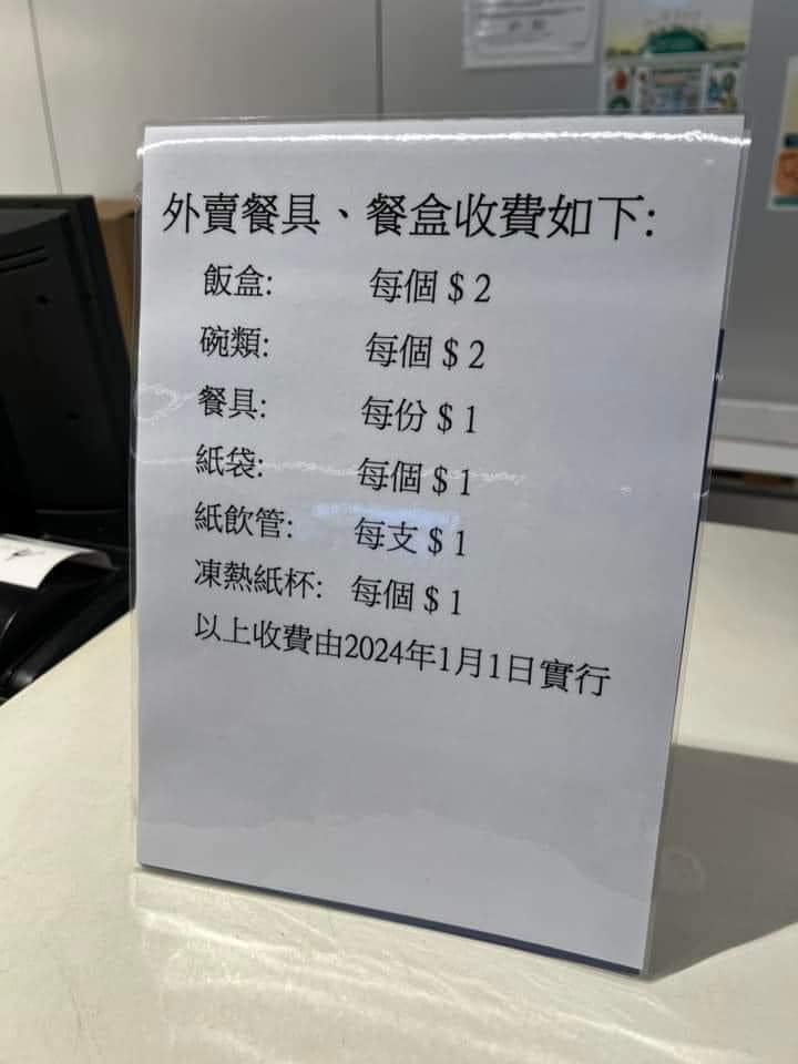 早前網上流傳一張照片，相內見到外賣餐具、餐合的收費：飯盒每個2元，碗類每個2元，餐具每份1元，紙袋每個1元，紙飲管支1元，凍熱紙杯每個1元。 網絡圖片