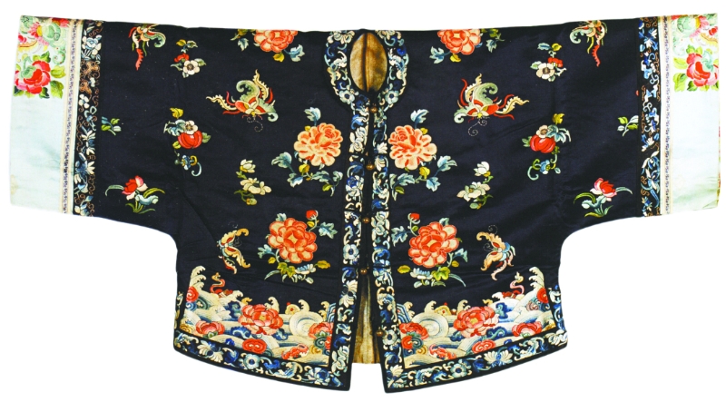 清末藍緞地廣繡花蝶紋對襟漢式氅衣