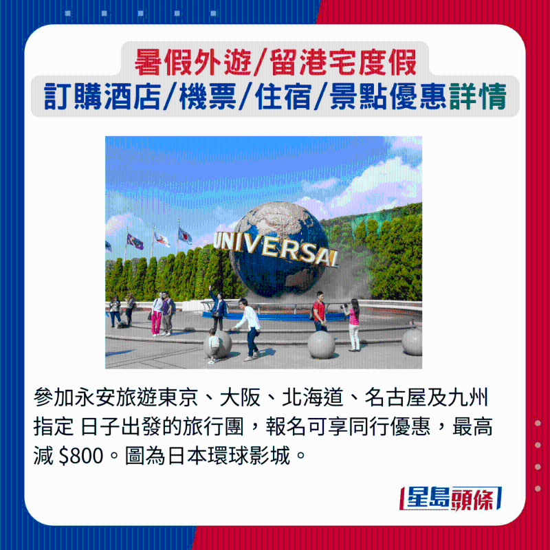 參加永安旅游東京、大阪、北海道、名古屋及九州指定日子出發的旅行團，報名可享同行優惠，最高減 $800。 圖為日本環球影城。