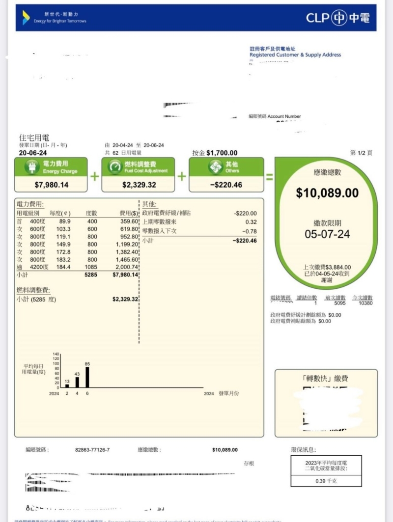 近日卻有港人在社交平臺稱，因一原因自己于6月竟要付高達10K電費（10,000港元）