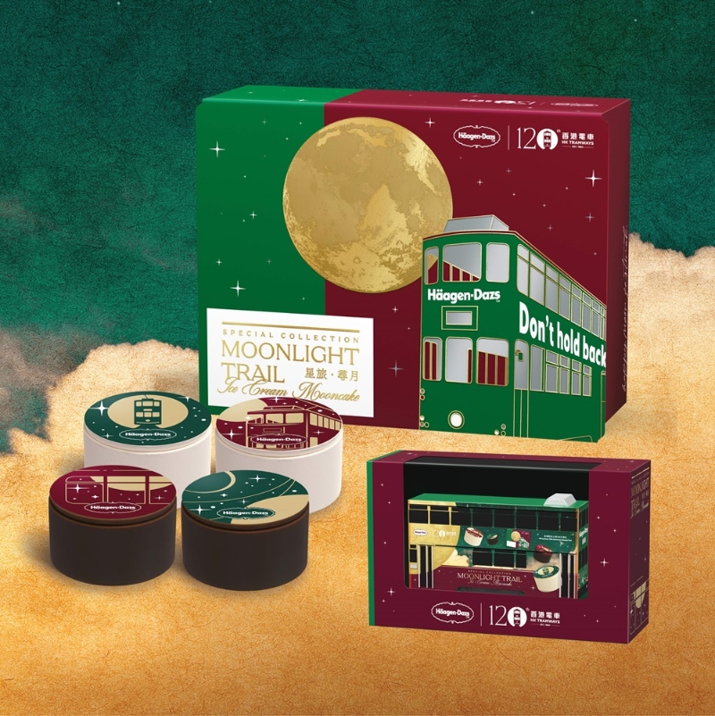 10.星旅．尋月月餅禮盒，特別版禮盒附送1比120的電車模型，備有士多啤梨、比利時朱古力、云呢嗱及焦糖脆餅雪糕月餅。（$438 H?agen-Dazs）
