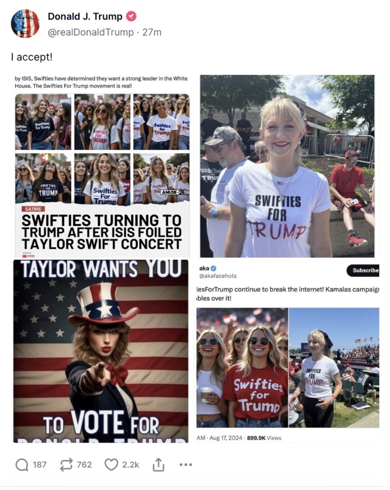 特朗普轉發的圖輯，除涉事圖片外，亦有其他諷刺成分的圖片和文章（Truth Social@realDonaldTrump）