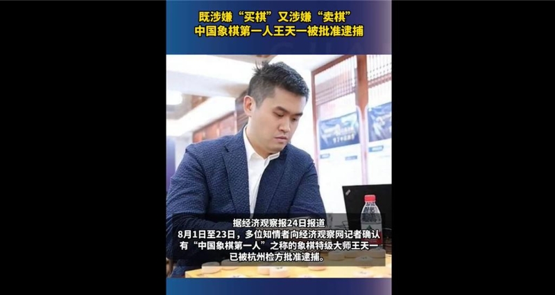有“中國象棋第一人”的象棋棋手王天一，因涉嫌“買棋賣棋”被杭州檢方批準逮捕