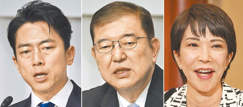 日本自民黨27日舉行總裁選舉，小泉進次郎（左起）、石破茂、高市早苗呈「三強鼎立」態勢，最后石破茂出線，當選自民黨第28任總裁。（美聯社）