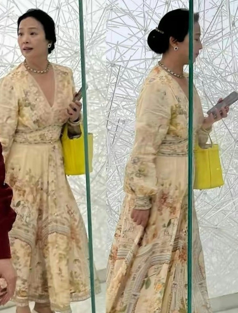 近日有網民在小紅書上載劉曉莉逛展覽的照片，見她盤起頭發，身穿碎花雪紡連身長裙，腳踏白色高跟鞋，佩戴耳環和頸鏈，打扮精致。