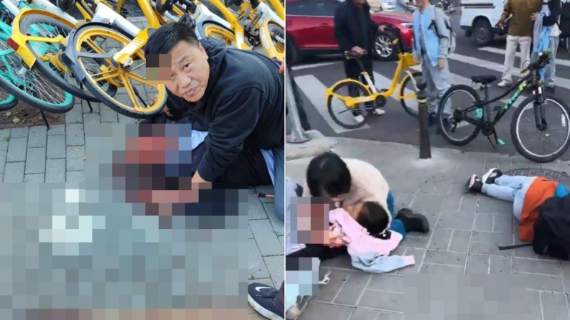 現場有多名學童受傷倒地，疑兇（左）被當場制服。 影片截圖