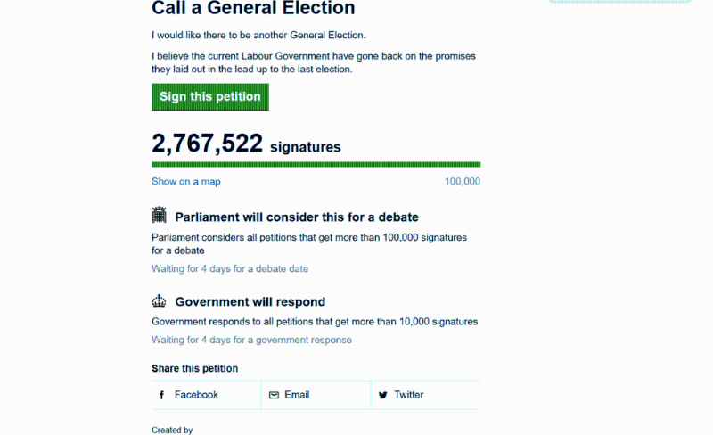 日前有英國人在國會官方網站發起聯署，要求提早大選，目前已有逾276萬人英國人簽署。