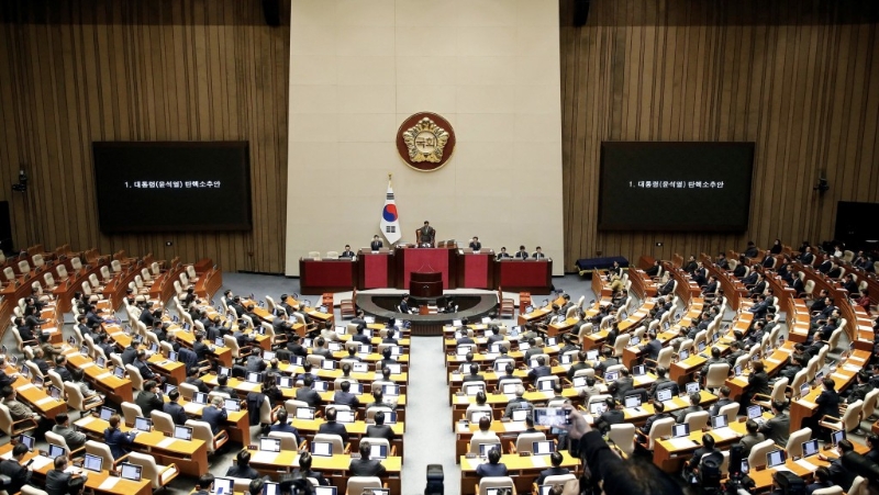 南韓國會2024年12月14日就第2次尹錫悅彈劾案表決。 路透社