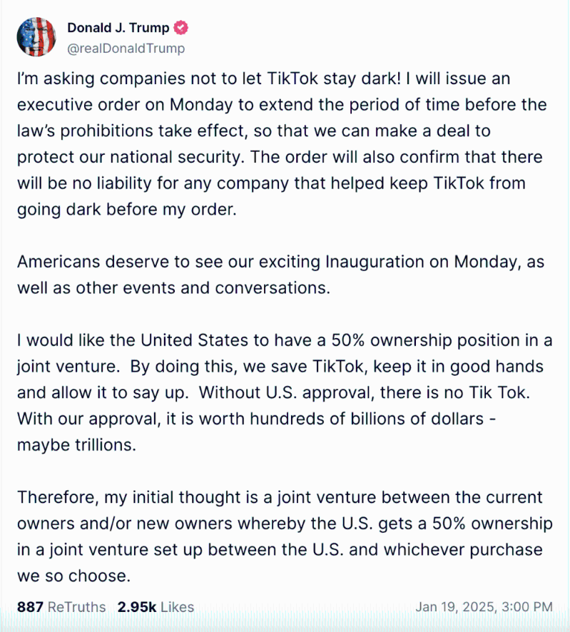 特朗普在其社交平臺發文，稱稱下周一簽署行命令，延長TikTok禁令生效期限。