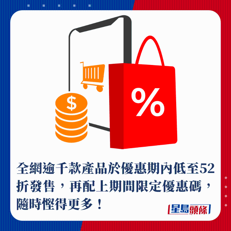 全網逾千款產品于優惠期內低至52折發售，再配上期間限定優惠碼，隨時慳得更多！