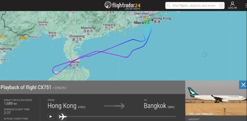 國泰CX751往曼谷航班折返香港。 Flightradar24截圖