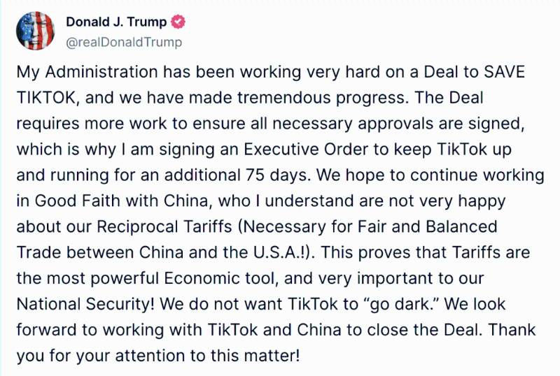 美國總統特朗普在其社交平臺發文，稱將簽署行政命令讓字節跳動旗下短片分享平臺TikTok再運行75天。
