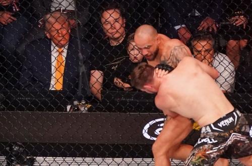 特朗普（左）與馬斯克觀看MMA比賽。路透社