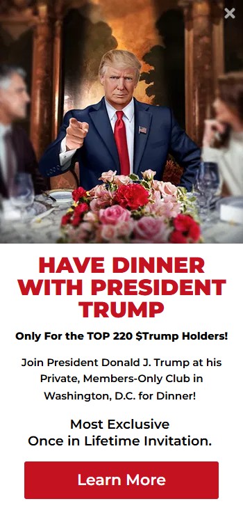 特朗普為個人迷因幣搞VIP晚宴。 gettrumpmemes.com