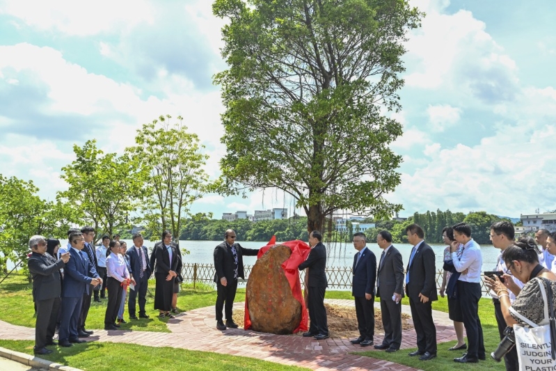 阿迪昂（石碑左）植下一棵象征家族根脈的榕樹。 中新社