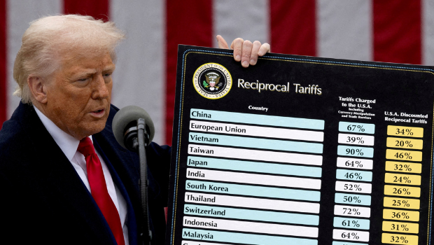 2025年4月2日，美國總統特朗普在白宮發表對等關稅稅率時留影。